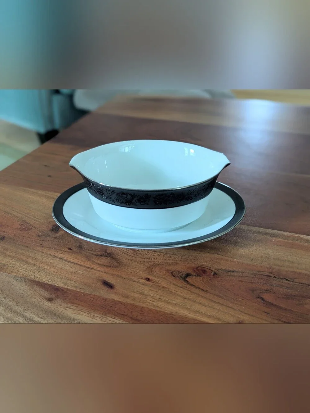 Noritake Sharon #6883 Gravy Boat Connected Plate Black Band Raised Flowers